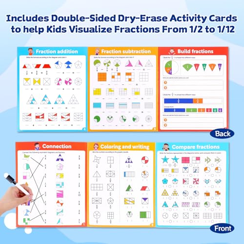 Magnetic Fraction Educational Puzzle, Magnetic Fraction Demonstration Book, Fraction Tiles & Circles, Montessori Math Manipulatives for Elementary School, Fraction Learning Toys for Kids - color: Three pages