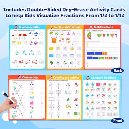 Magnetic Fraction Educational Puzzle, Magnetic Fraction Demonstration Book, Fraction Tiles & Circles, Montessori Math Manipulatives for Elementary School, Fraction Learning Toys for Kids - color: Three pages
