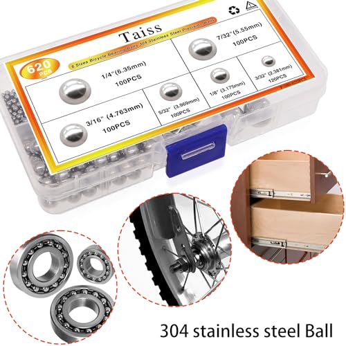 Taiss 620PCS 304 Stainless Steel Precision Balls,Bicycle Bearing Balls Assortment Kit,6 Sizes Steel Balls 1/4" 7/32" 3/16" 5/32" 1/8" 3/32",Precision Steel Ball F-086-620PCS - size: 620PCS