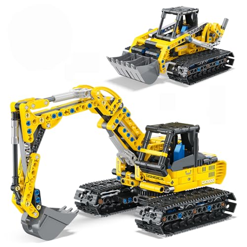 2-in-1 Excavator & Bulldozer Building Kit - 399 Pieces STEM Educational Construction Toys for Kids, Creative Birthday Gift Idea - color: Yellow