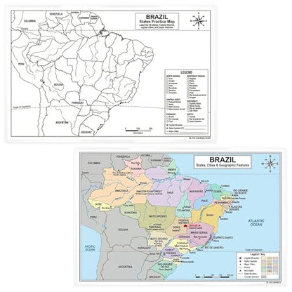 Brazil Map Poster 11x17 | Laminated Double-Sided Geography Chart with Color Map Front & Blank Outline Back | Reusable Classroom & Homeschool Learning Tool - color: Brazil