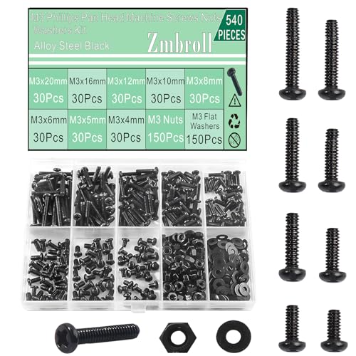 M3 Machine Screws Assortment Kit 540Pcs M3x4/5/6/8/10/12/16/20mm Black Pan Head Screws Fully Threaded Carbon Steel Machine Screws Phillips Drive Fastener Bolts Flat Washers Nuts Kit