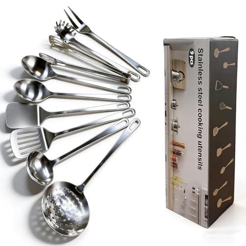 9 Pcs Cooking Utensils Set, Stainless Steel Kitchen Utensils, Heat Resistant Metal Kitchen Tools Include Solid & Slotted Turner Wok Spatula, Serving Spoon, Ladle, Pasta Server, Meat Fork, Tongs Silver - color: E. 9 Pieces