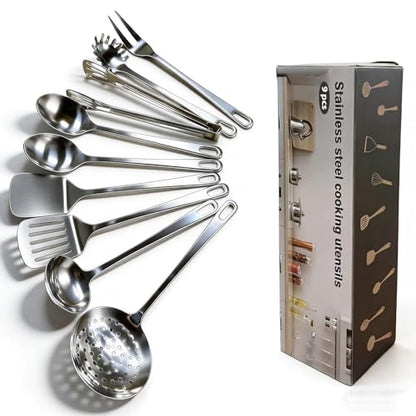 9 Pcs Cooking Utensils Set, Stainless Steel Kitchen Utensils, Heat Resistant Metal Kitchen Tools Include Solid & Slotted Turner Wok Spatula, Serving Spoon, Ladle, Pasta Server, Meat Fork, Tongs Silver - color: E. 9 Pieces