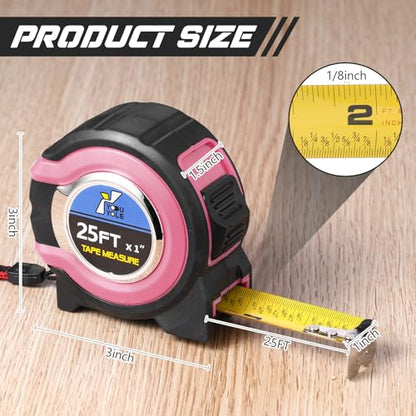 Youyole 10 Pack Tape Measure with Fractions 1/8 Steel Measuring Tape Retractable Easy Read Measurement Ruler Steel Power Blade (25 ft X 1 in,Pink) - color: Pink