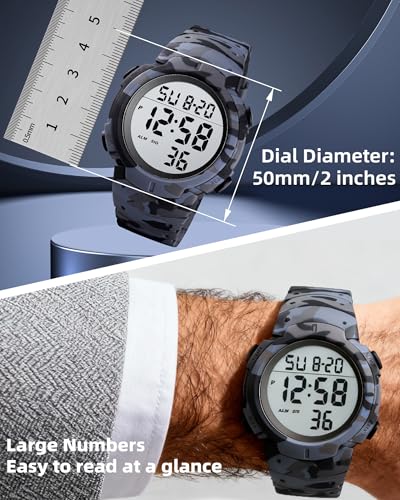 CakCity Digital Watch Mens, Waterproof Sport Wristwatch, Referee Stopwatch - color: Grey Camouflage