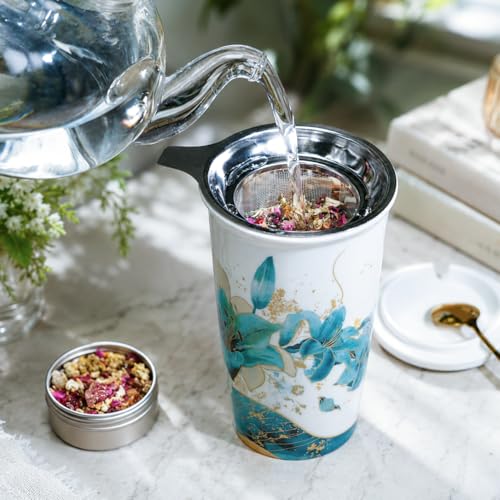 Harmoleaf Tea Gift Set for Women, 6 Loose Leaf Tea Blends with Blue Lily Insulated Ceramic Cup, Stainless Steel Infuser, Lid and Gold Spoon, Birthday, Mother's Day, Anniversary, Retirement Gift for Her - color: Blue Lily