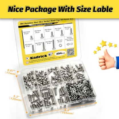 494PCS M4 Hex Socket Screw Kit,M4x6/8/10/12/14/16/18/20mm - size: SS M4 494Pcs 6-20-MM