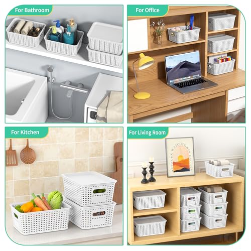 8 Pack Plastic Storage Baskets,White Stackable Bins with Lid - color: White