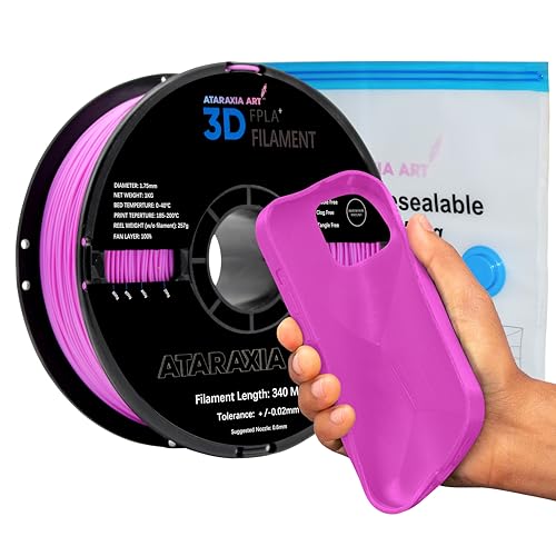 ATARAXIA ART Flexible PLA Filament 1.75mm,Flexible 3D Printer Filament 1Kg/2.2lb Spool 5X Long Stretch,Easy Than TPU Extruder,89A Shore Hardness,Patent Formula,with Filament Storage Bags, FPLA Violet - color: Violet, size: FPLA+ (Flexible Polylactic Acid)