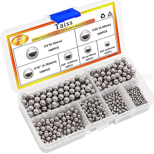 Taiss 620PCS 304 Stainless Steel Precision Balls,Bicycle Bearing Balls Assortment Kit,6 Sizes Steel Balls 1/4" 7/32" 3/16" 5/32" 1/8" 3/32",Precision Steel Ball F-086-620PCS - size: 620PCS