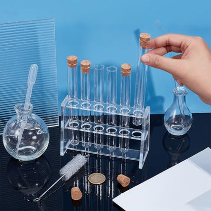 OLYCRAFT 6Pcs 20ml Plastic Test Tube with Cork Stopper 6x0.6 Inch Transparent Plastic Tubes Bottles with 6 Holes Acrylic Rack for Plants Propagation Scientific Experiments Storage