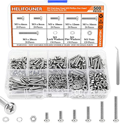 HELIFOUNER 500 Pieces M3 x 6mm /8mm /10mm /12mm /16mm /20mm, Phillips Pan Head Machine Screws, Metric Screws Bolts Washers Nuts Kit, 304 Stainless Steel - size: M3