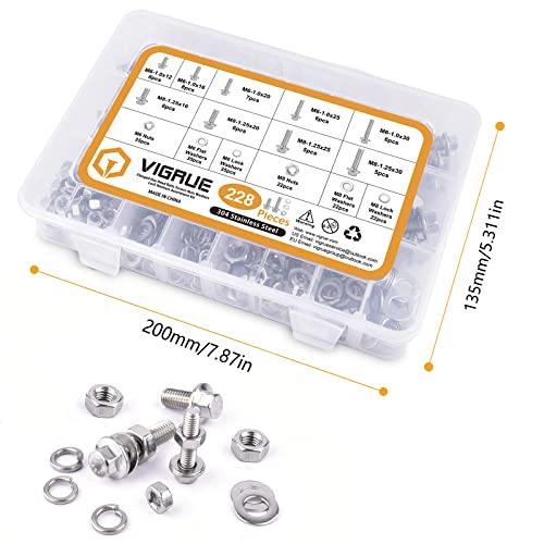 VIGURE 228PCS M6 M8 Metric Bolt Assortment Kit, M6 x 12/16/20/25/30mm Stainless Steel Flanged Hex Bolts and M8 x 16/20/25/30mm Flange Metric Bolts and Nuts Kit - size: 228PCS M6 M8 Metric Bolts