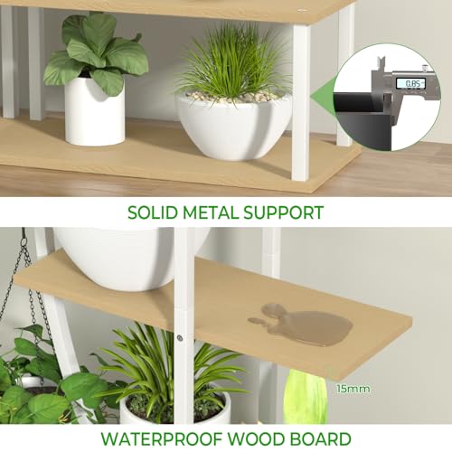 Plant Stand Indoor with 6 Grow Light, 65" Tall 7 Tier White Half Moon Shelf - color: Light Brown Board White Metal 7 Tier 2 Pack