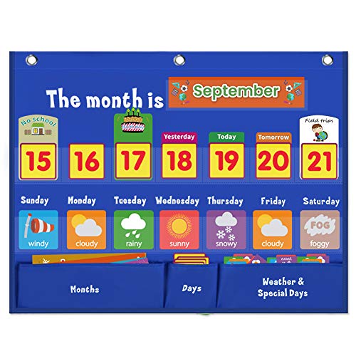 Classroom Calendar Pocket Chart for Kids, Weekly Weather Chart, Blue