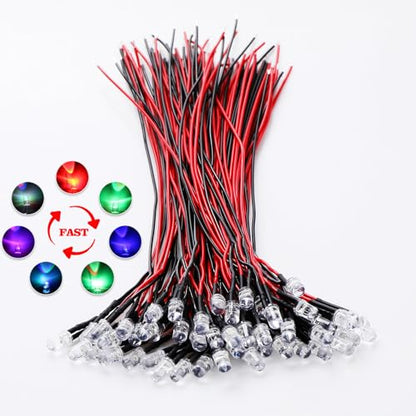 5mm RGB Fast Flash Pre-Wired LED, 50PCS 3-12V with Resistor & Mounting Rings - color: Fast flash /50 Pcs
