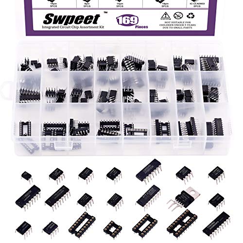 Swpeet 169Pcs 21 Types Integrated Circuit Chip Assortment Kit, Including Opamp, Oscillator, Pwm, LM324, LM358, LM386, LM393, NE5532, NE555, PC817, ULN2003, ULN2803, ICL7660S, JRC4558, LM339, TDA2030AN