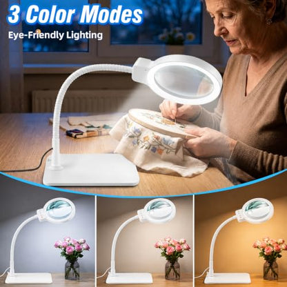30X 12X Magnifying Glass with Light and Stand, LED Desk Magnifier for Craft - color: White