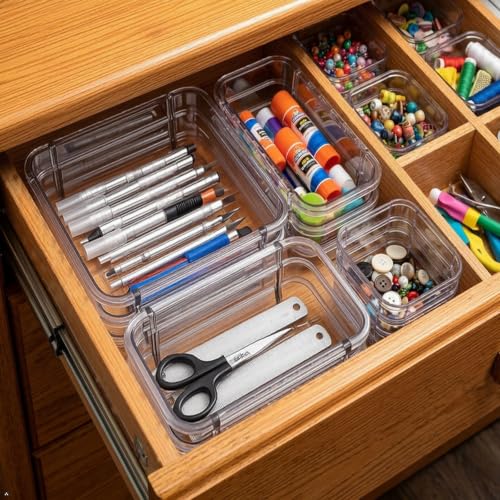 Adjustable Drawer Organizer, 15 Clear Desk & Craft Tool Bins, Extendable