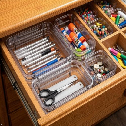 Adjustable Drawer Organizer, 15 Clear Desk & Craft Tool Bins, Extendable