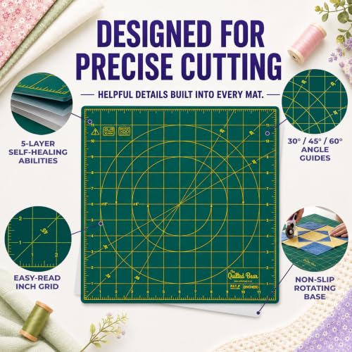 The Quilted Bear Rotating Cutting Mat 18" x 18" - Square 360° Rotating Self Healing Mat with Innovative Locking Mechanism for Quilting & Sewing Your Choice of Colours Available! (Green) - color: Green, size: 18"L x 18"W