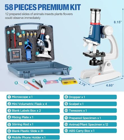 58-Piece Kids Microscope Kit - 100X-1200X Magnification, Metal Body, LED Light, Carrying Box - Science Experiment Toy for Kids Ages 5-12 - color: Blue