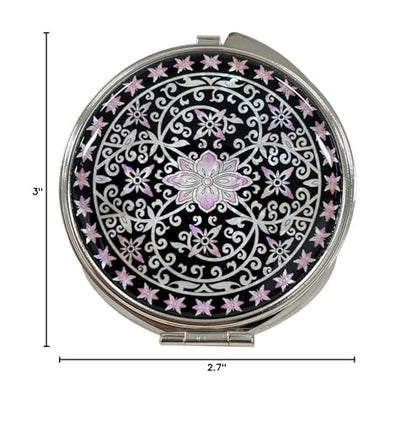 Portable Makeup Compact Double Magnifying Mirror Cosmestic Foldable Pocket Style Unique Mother of Pearl Design (Ivy) - color: Ivy