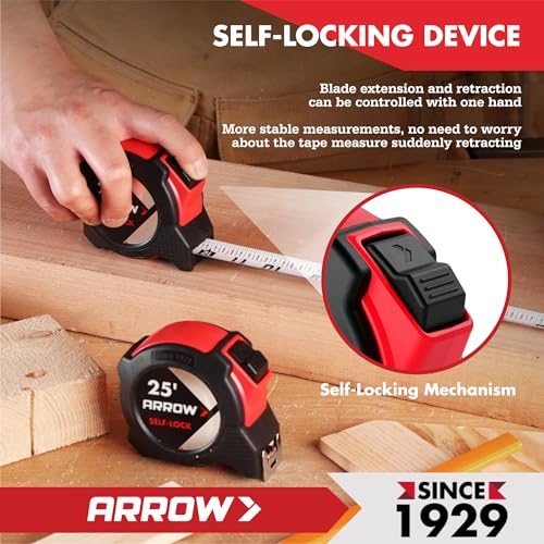 Arrow 25FT Auto-Lock Tape Measure, Easy Read Double Sided Measuring Tape