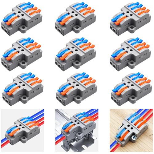 CESFONJER 2-in-4-out Terminal Blocks Kit (9 Sets), Lever Wire Connectors for Dual Input to Four Output Splicing, DIN Rail & Screw Mount, 28-12AWG Electrical Conductor, Incl Brackets & Screws - color: set1
