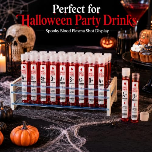 Havawish 50 Pcs Halloween Blood Type Kit 10ml Test Tubes with Rack Sticker