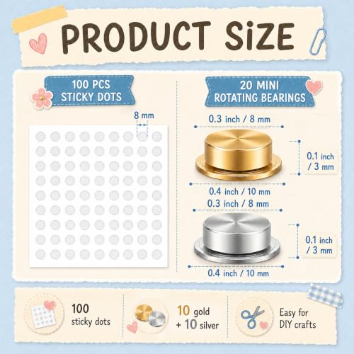 Mini Rotating Bearings for Nail Art, 360 Smooth Spin Copper Mechanism with Secure Hold Double Sided Tape to Prevent Charms Falling Off for DIY Phone Case Decoration and Pop-Up Card Making, 120Pcs Kit