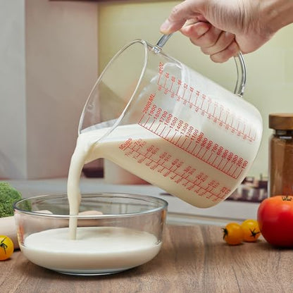 Ackers BORO3.3 Glass Measuring Cup-[Insulated handle | V-Shaped Spout]-Made of High Borosilicate Glass Measuring Cup for Kitchen or Restaurant, Easy to Read, 2000 ML (64 Oz, 8 Cup) - size: 2000ml/64OZ