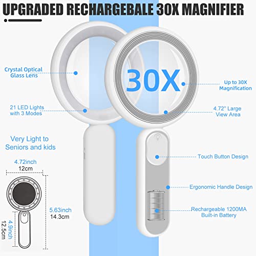 Rechargeable Magnifying Glass with Light, 30X 4.7IN Handheld Large Lightweight Lighted Magnify Len 21 LED 3 Modes Illuminated Book Magnifier for Senior,Reading,Inspection,Coin,JewelryChristmasGift - color: Grey+white