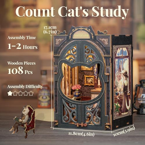 CUTEBEE Book Nook Kit for Adults, Cat Miniature House Kit, Adult Craft Gift - color: Count Cat's Study