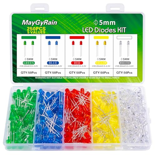 5mm LED Diodes Kit,250 Piece 5 Values 5 Color, Light Assortment Kit Low Voltage Circuit Emitting Diodes Bulb Lamp Set, Green, Blue, Red, Yellow, White (5mm-5color-250pcs) - style: 5mm-5color-250pcs