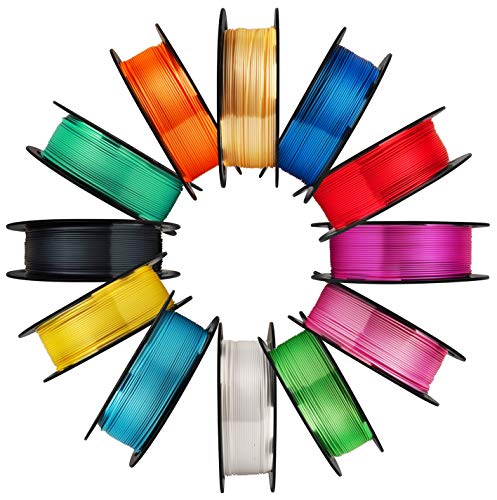 MIKA3D 12 in 1 Bright Shine 3D Printer Silk PLA Filament Bundle, Most Popular Colors Pack, 1.75mm 500g per Spool, 12 Spools Pack, Total 6kgs Material with One Bottle of 3D Printer Stick - color: 12 Spools - White+black+red+sapphire Bluepeacock Blue+green+