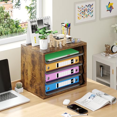 Simple Trending 4-Tier Desk File Organizer, Paper Organizer, Rustic Brown