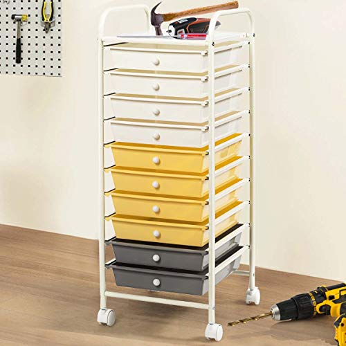 Giantex 10 Drawer Rolling Storage Cart Scrapbook Paper Office School Organizer (Beige+Yellow+Grey) - color: Beige+Yellow+Grey, size: 10 Drawers Small