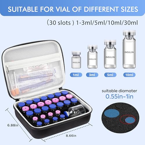 30 Slots Peptide Case for Fridge, Insulin Vial Protector Organizer Bag, Vial Storage Case for 1ml 3ml 5ml 10ml and 30ml Vials, Diabetic Medication Holder for Home and Travel - size: Black-30 Slots