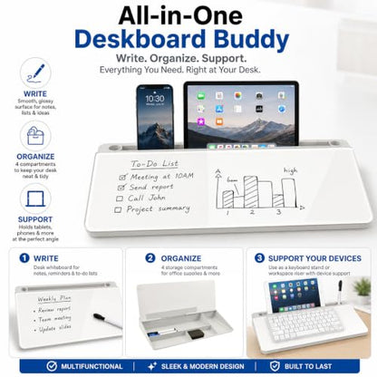 Glass Desktop Whiteboard,Dry Erase Board Buddy Keyboard Stand - color: White