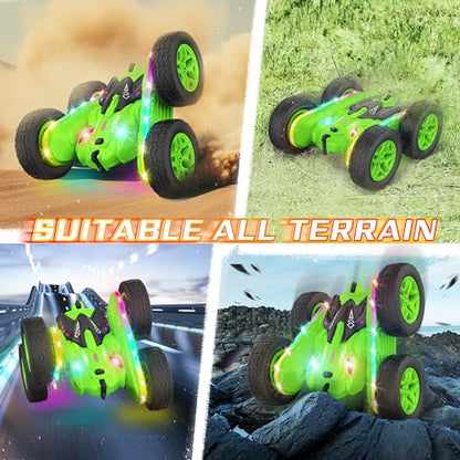 Terucle Remote Control Car, Rc Cars Stunt RC Car Toys Upgraded Strip Lights and Headlights Kids Toys Double-Sided 360° Rotating 4WD Drift Truck for Boys Girls Birthday Gift (Green) - color: Green