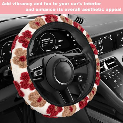 15" Plush Flower Car Steering Wheel Cover (Red) - color: Red