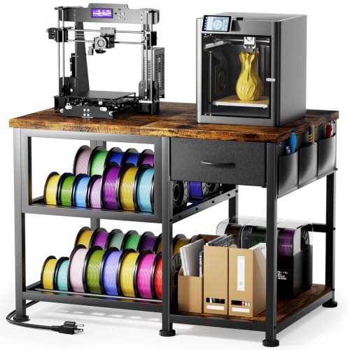 3D Printer Stand with Filament Storage Rack, Heavy Duty 3D Printer Table with Power Outlet, 3-Tier Filament Holder with Drawer, 3D Printer Filament Stand Organized for Office Workshop Studio - color: Brown 3-Tier