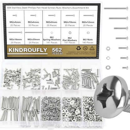 562 Pieces M2 x 4/6 /8/10 /12/16 /20mm Phillips Pan Head Machine Screws Nuts Washers Assortment Kit, 304 Stainless Steel, Fully Machine Thread - size: M2