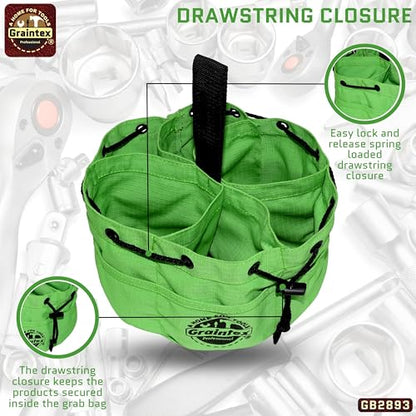 Graintex 18 Pockets Grab Bag Rip-stop Canvas Drawstring Closure, Small Part Organizer Pouch, Small Tools, Screws, Parts, Parachute Tool Bag for Efficient Storage - Lime Green - color: Lime Green