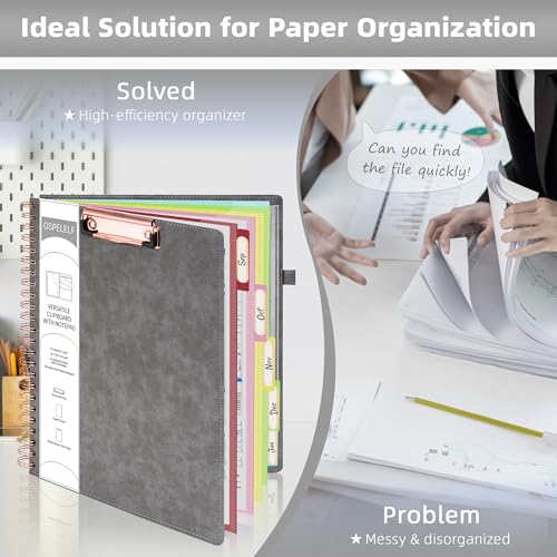 Ospelelf Grey Foldable Clipboard Folio with with Storage Zipper Pouch, Leather Spiral Clipboard Folder with Notepad, 5 Plastic Folders with 10 Pockets, 39 Divider Label Stickers, Pen Loop Series - color: Grey