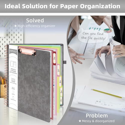 Ospelelf Grey Foldable Clipboard Folio with with Storage Zipper Pouch, Leather Spiral Clipboard Folder with Notepad, 5 Plastic Folders with 10 Pockets, 39 Divider Label Stickers, Pen Loop Series - color: Grey