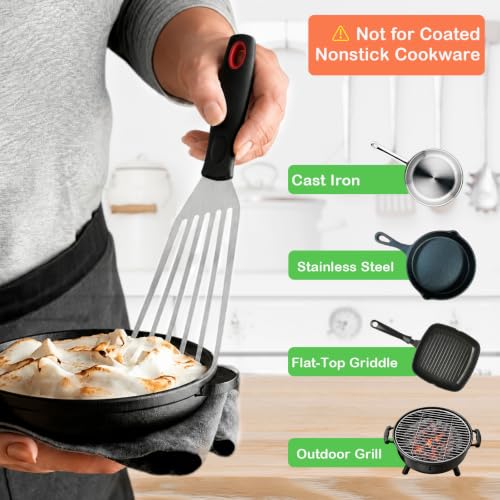 Fish Spatula Set of 3, Stainless Steel Slotted Turners with Thin Flexible Blades and Comfortable Handles for Cast Iron Skillets, Griddles, Fish, Eggs, Burgers and Pancakes
