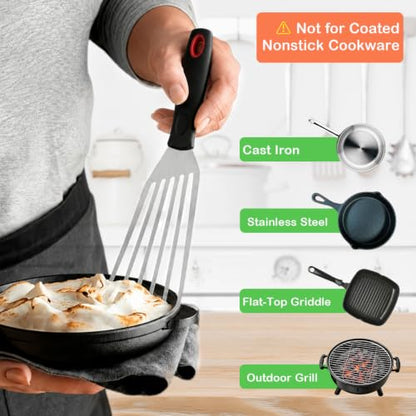 Fish Spatula Set of 3, Stainless Steel Slotted Turners with Thin Flexible Blades and Comfortable Handles for Cast Iron Skillets, Griddles, Fish, Eggs, Burgers and Pancakes